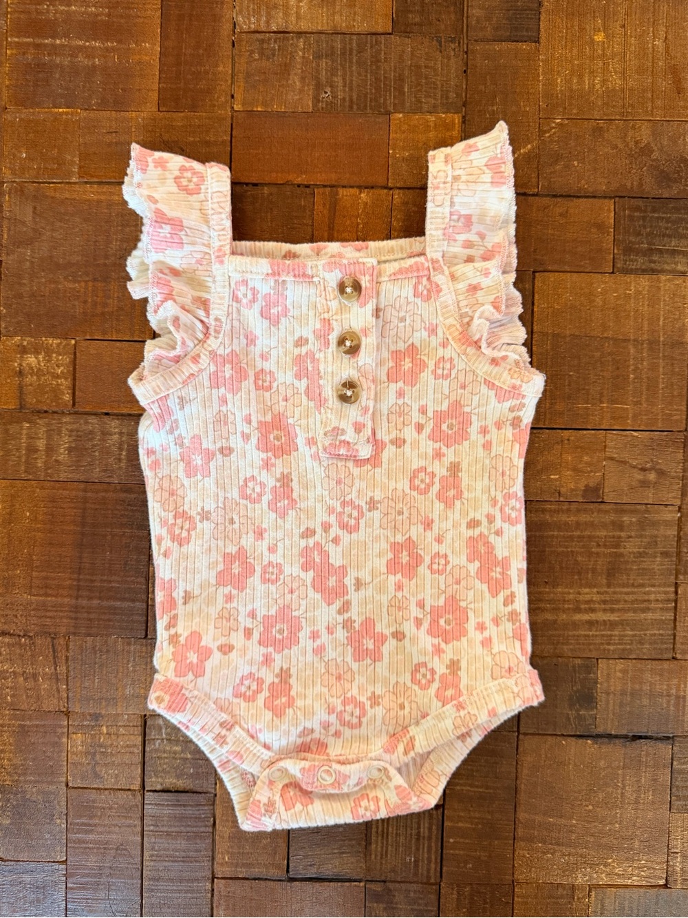 Nicole Miller Pink Floral Ruffle-Shoulder Baby One-Piece Bodysuit